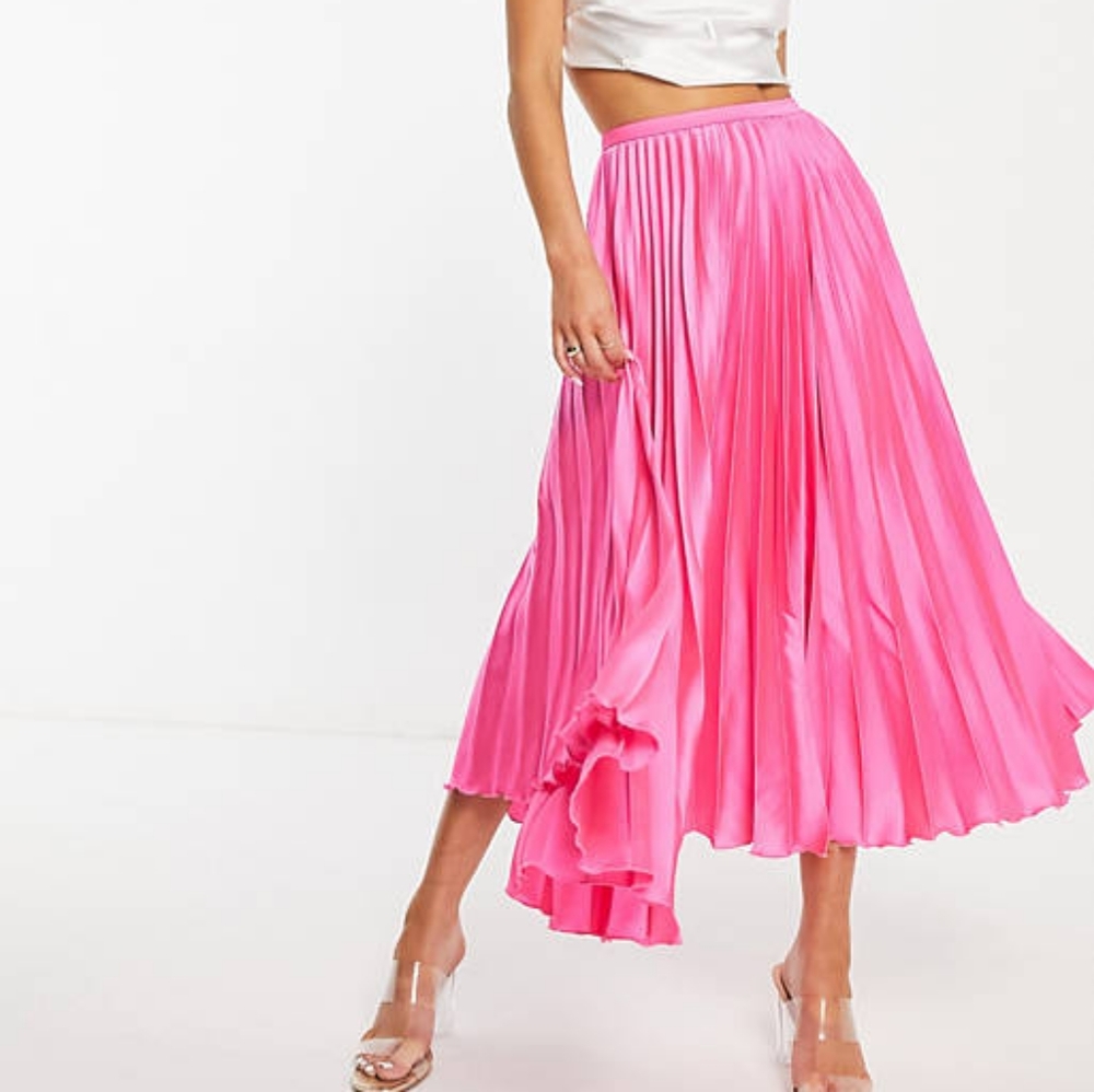 Asos | Satin Pleated Midi Skirt Hot Pink Size 12